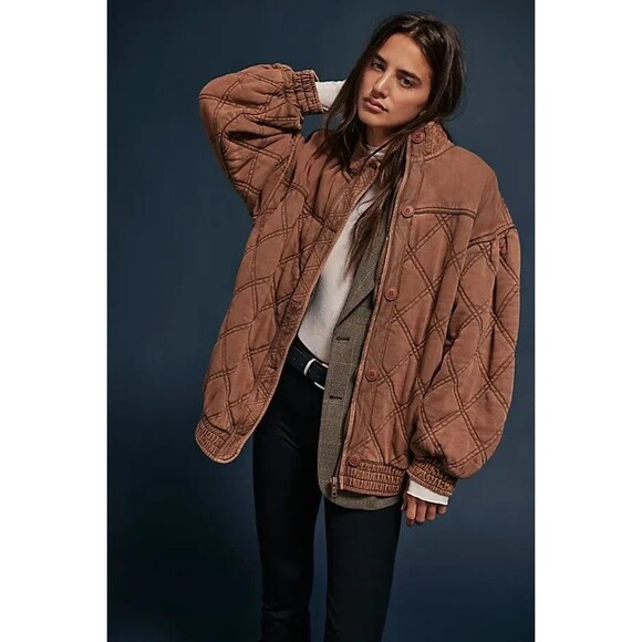 Free People Jackets & Blazers - Free People Juno Jacket Quilted Oversized Bomber Zipper Oiled Oak S NEW
